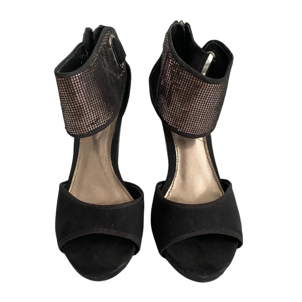Zara Metallic Detailed Faux Suede Heeled Sandal Size 7.5 - Picture 2 of 8